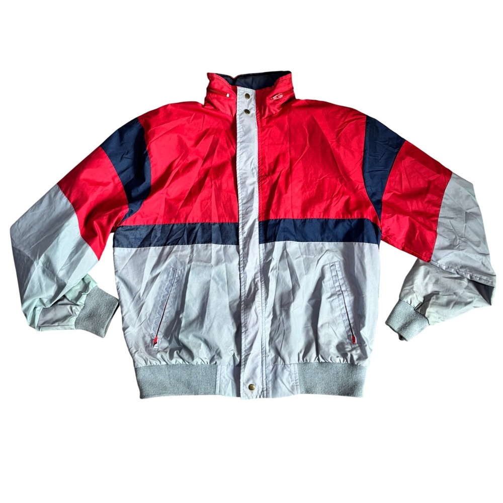 Mens Vintage Colorblock Bomber Jacket Red Gray Navy Blue Windbreaker Large
